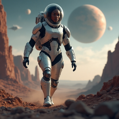 AI-generated photo: Cosplay dynamic action photo of an interstellar explorer in a high-tech space suit, navigating the v...