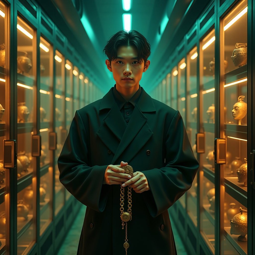 Sacred Seal Hand-Pose Portrait example: Cinematic K-pop fantasy environmental portrait photography. The subject stands inside a futuristic demon-containment arc