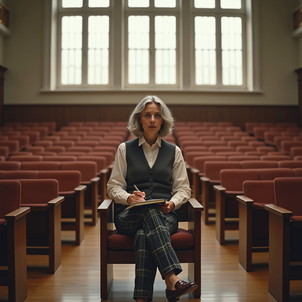 Lecture Hall Silence: Expansive symmetrical portrait centered on a lecture hall aisle, the person seated alone on a middle bench with the open notebook directly…