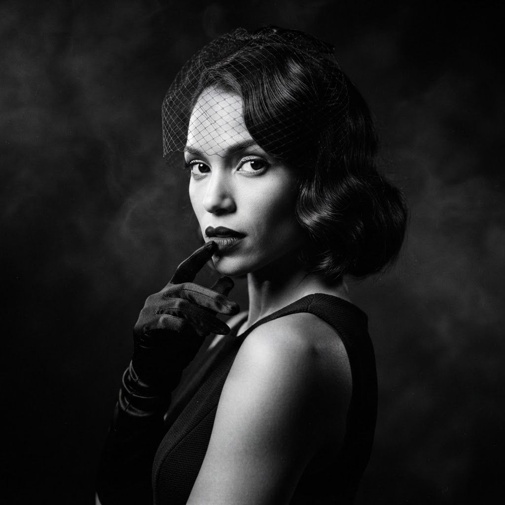 Femme Fatale Gaze: Cropped three-quarter femme-fatale portrait of one subject from bust up, shoulders angled and face turned toward the light.