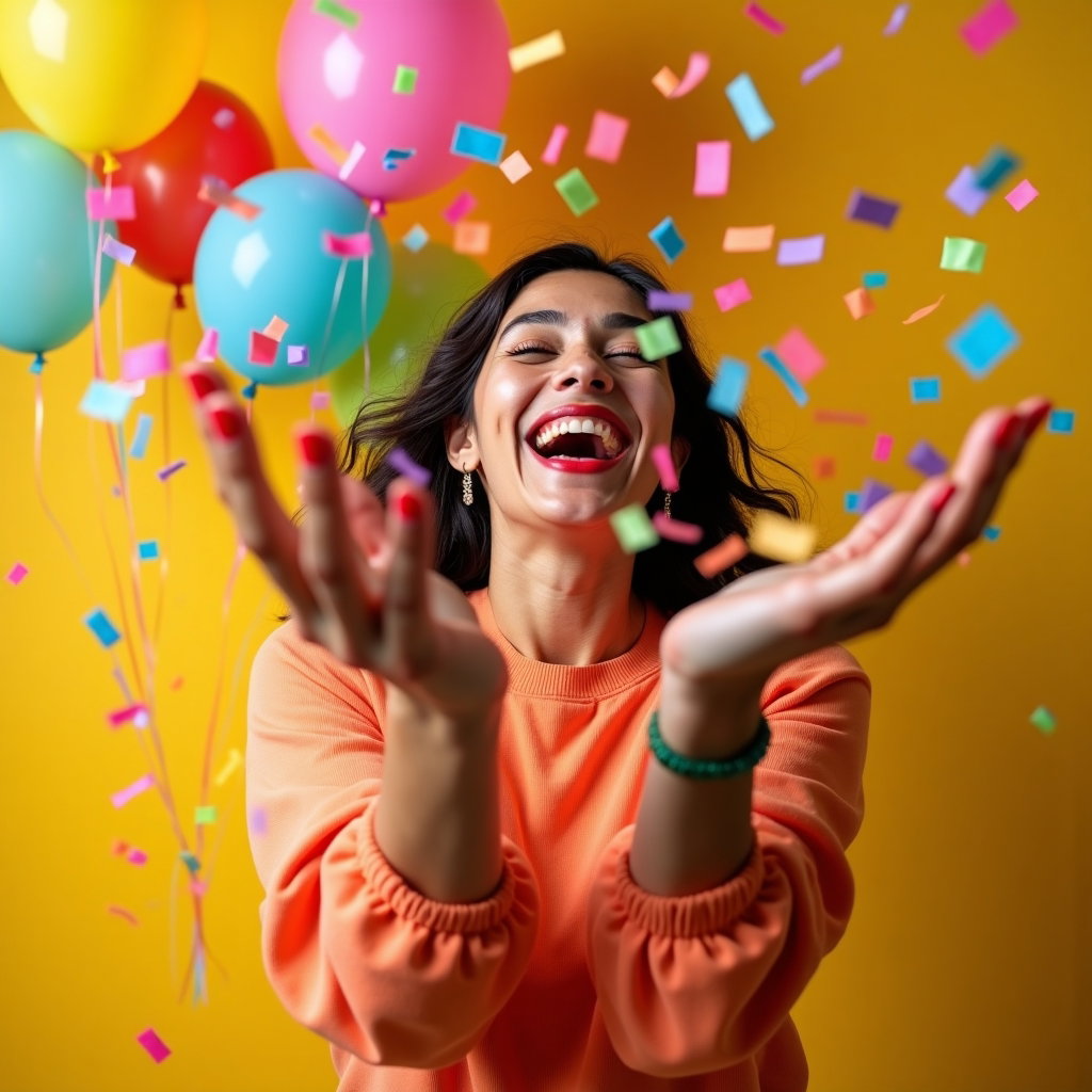 Playful Birthday Confetti and Balloon Portraits example: Photorealistic motion/action portrait photography. The subject is captured mid-confetti toss, laughing toward the camera