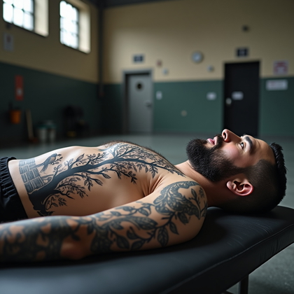 AI-generated photo: Photorealistic prison portrait photograph, the person lying on a narrow gym mat in the prison recrea...