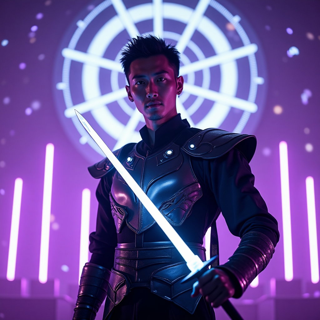 Solo Idol-Hunter Hero Portrait example: Cinematic fantasy character photo. Half-body solo hero pose with the face clearly visible, shoulders angled toward the v