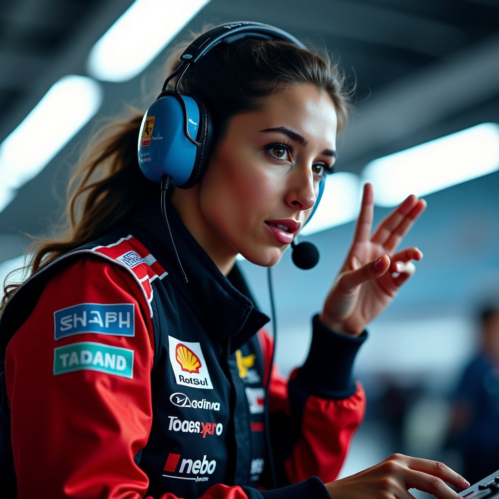 Pit Wall Headset Strategist Close-Up example: Photorealistic action portrait photography. Dynamic moment of a pit wall strategist mid-command, headset on, one hand ra