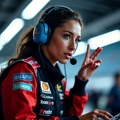 Pit Wall Headset Strategist Close-Up example: Photorealistic action portrait photography. Dynamic moment of a pit wall strategist mid-command, headset on, one hand ra