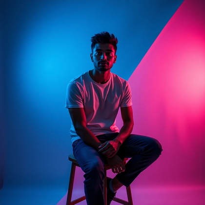AI-generated photo: Photorealistic studio portrait. The subject is seated on a simple stool, framed from waist up, with ...