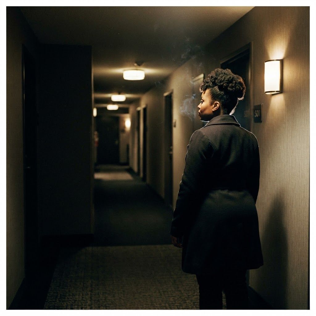 Hotel Corridor Tension: Rear three-quarter personal photo of one visible person at a hotel hallway intersection, fitted coat cinched at the waist, head turned…