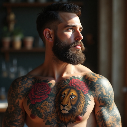 AI-generated photo: Photorealistic photography of a man with a large, vivid neo-traditional tattoo of a lion on his ches...
