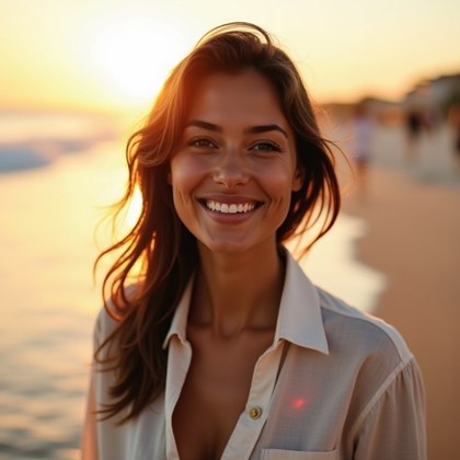 Golden Hour Beach Walk Photo example: Dating profile photo. Close-up golden hour beach walk portrait with the face clearly visible, a relaxed confident smile,