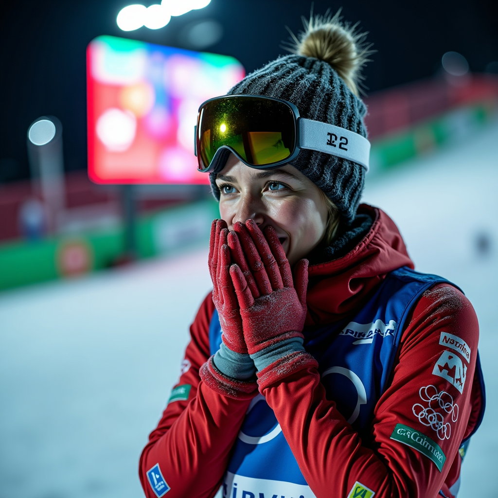 AI-generated photo: Photorealistic sports photography, close-up portrait at the kiss-and-cry style area for a freestyle ...