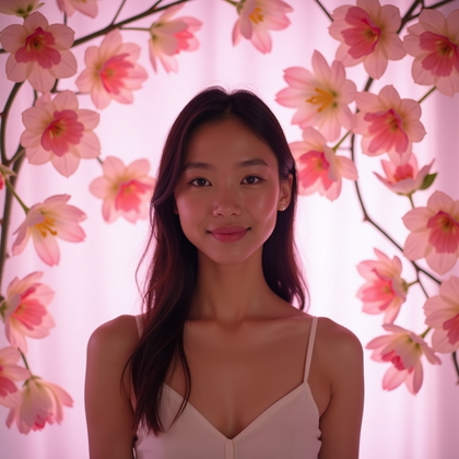 Photobooth portrait photo: immersive projection-mapped floral bloom animations wash across a matte ivory backdrop while a large, diffused key light from camera-left sculpts clean facial highlights and crisp catchlights; the subject stands centered, shoulders relaxed, chin subtly elevated, making direct, confident eye contact as the animated petals radiate outward in soft pastel gradients for a dreamy yet modern vibe.