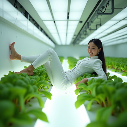 AI-generated photo: Photorealistic lifestyle space photography, a person in a sleek, minimal spacewear outfit floating s...