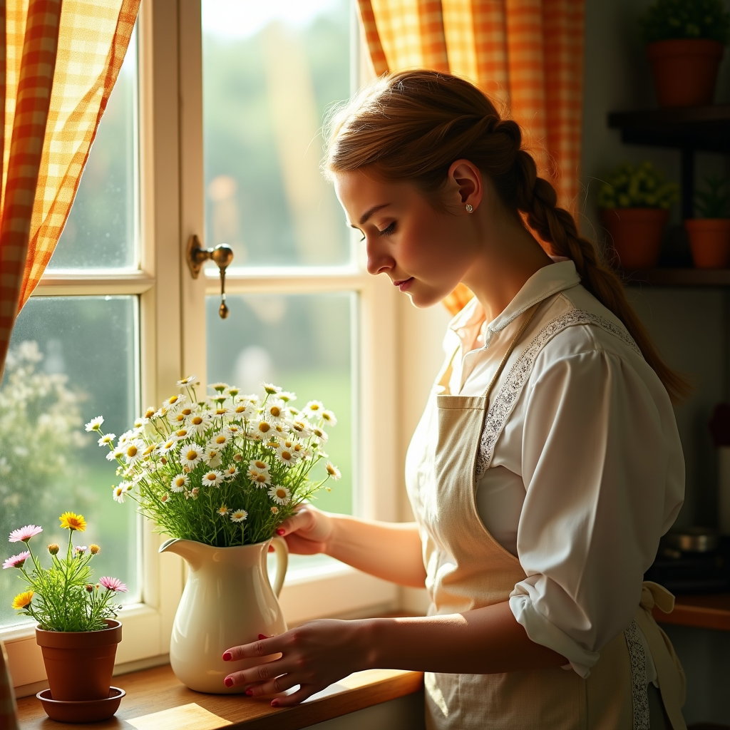 Lumière de fenêtre dans un cottage : portrait intérieur à mi-corps près d’une fenêtre de cuisine de cottage, d’une seule personne visible se penchant vers l’appui tout en arrangeant des pois de senteur et de petites marguerites…