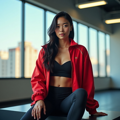 AI-generated photo: Photorealistic fashion sports portrait. Athlete is seated on a modern cube bench in an indoor traini...