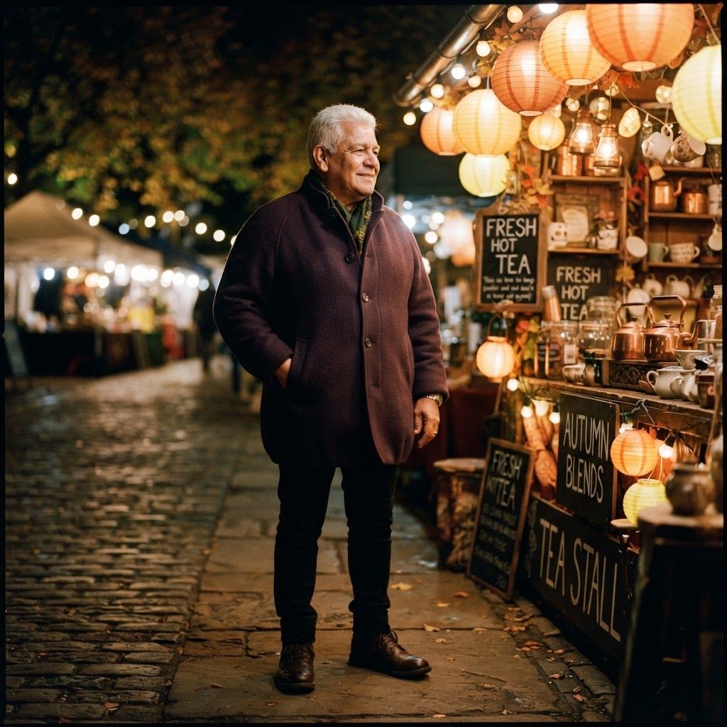 Cocoon Coat in a Night Market: Full-length personal portrait beside a warmly lit tea stall at an autumn night market.