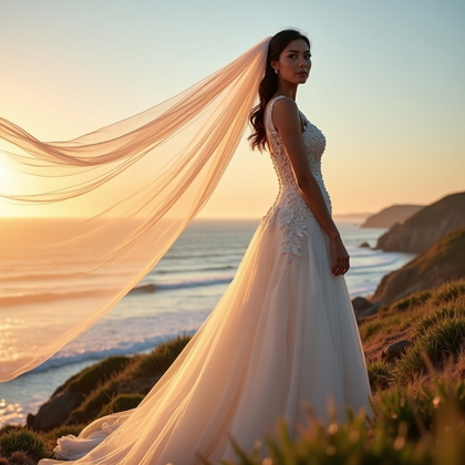 AI-generated photo: Photorealistic wedding photography. Wide, low-angle portrait on a coastal bluff at sunset where ocea...