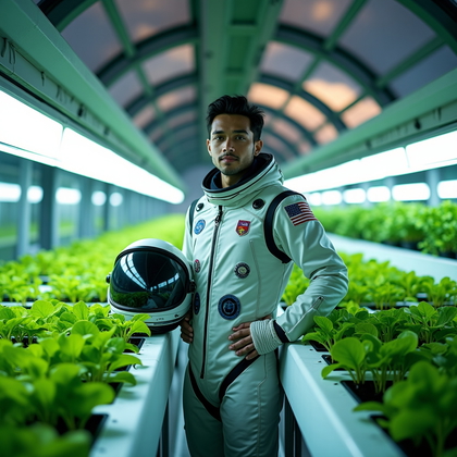 AI-generated photo: Photorealistic sci-fi portrait photography. A triumphant lifestyle-meets-hero portrait inside a moon...