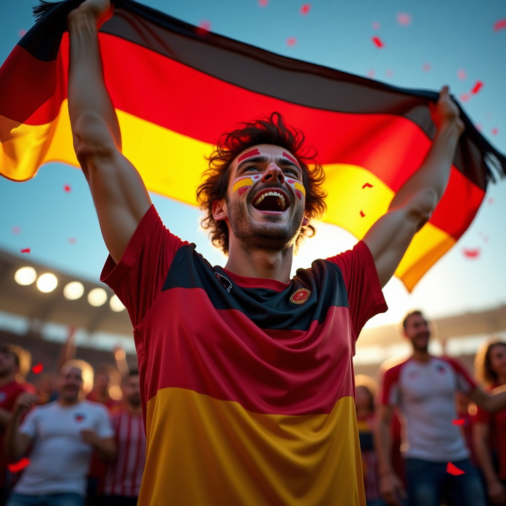 Bold Face-Paint Fan Portraits in National Colors example: Photorealistic motion sports fan portrait photography. Subject is captured mid-cheer while waving a large color-coordina