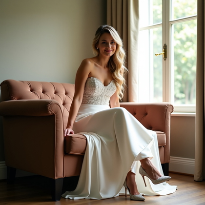 AI-generated photo: Photorealistic wedding photography of a bride perched at the very front edge of a velvet settee near...