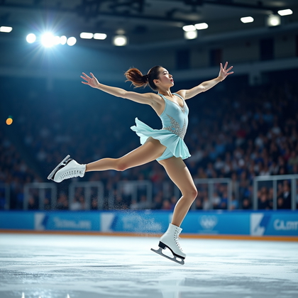 AI-generated photo: Photorealistic sports action photograph of a figure skater launching into a dramatic jump at center ...