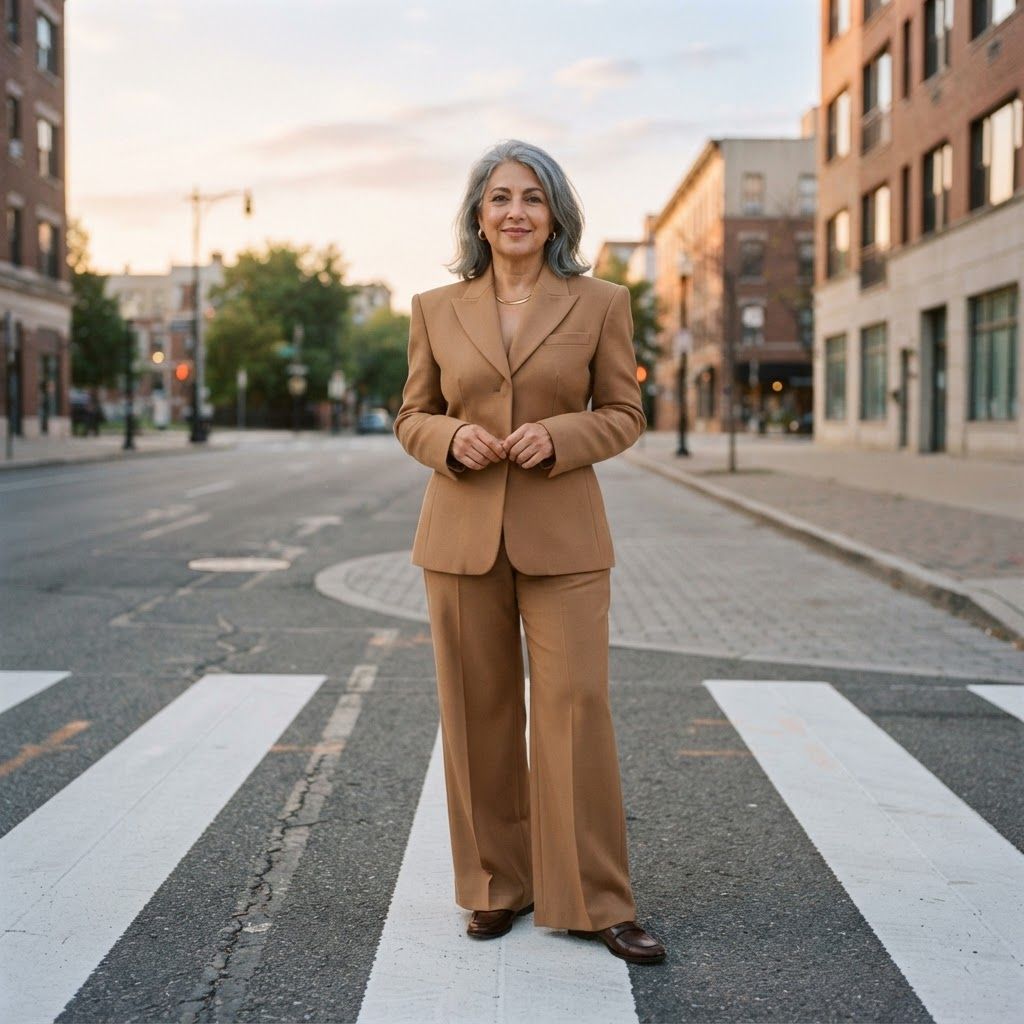 Sharp Tailoring at a Dawn Crosswalk: A realistic full-length portrait near the far edge of an empty city crosswalk at sunrise.