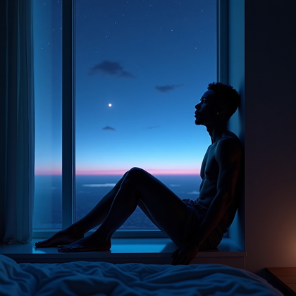AI-generated photo: Photorealistic portrait photography. The person sits sideways on a deep windowsill in a dim bedroom,...