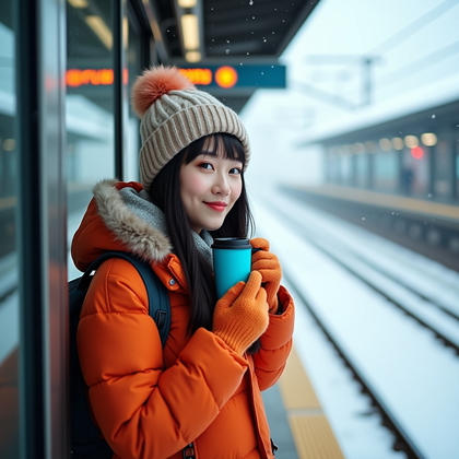AI-generated photo: Photorealistic lifestyle portrait: at an open-air train platform swallowed by whiteout, the subject ...