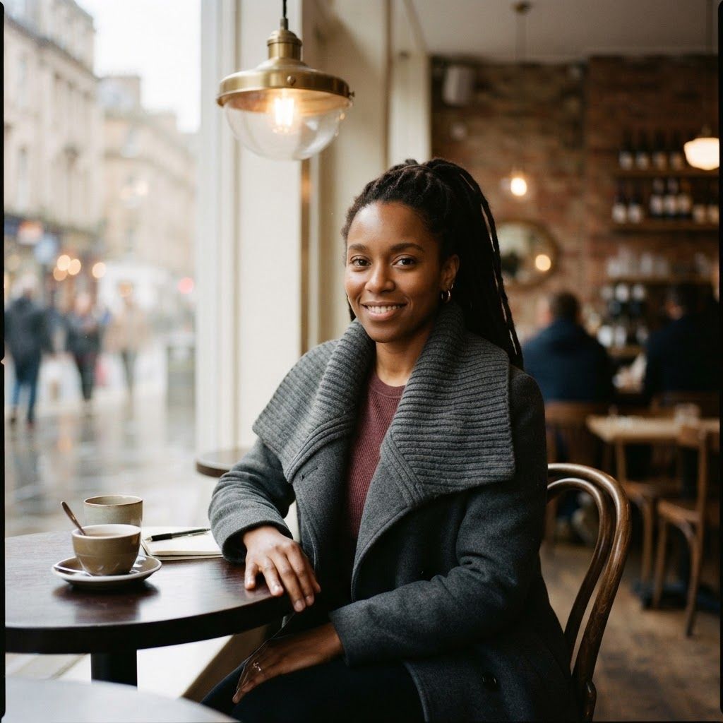 Oversized Collar at a City Café: Seated waist-up portrait beside a café window, framed through the open space between a tabletop and a hanging pendant light.