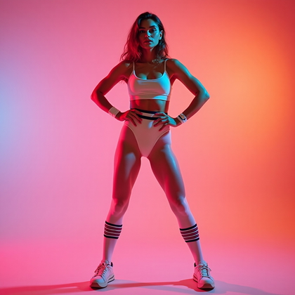 AI-generated photo: Retro 1980s studio fitness photography of a solo aerobics icon on a neon gradient seamless backdrop,...