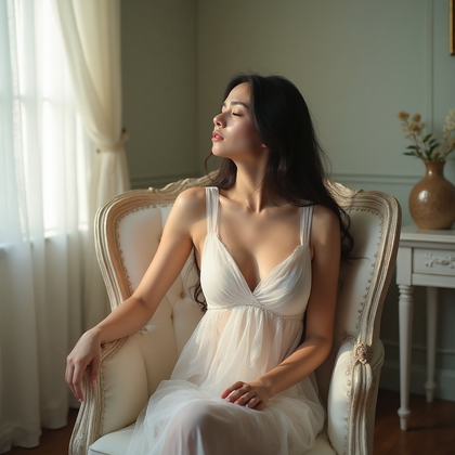 AI-generated photo: Sensual boudoir photo featuring a woman adorned in soft, flowing chiffon fabric in an ethereal white...
