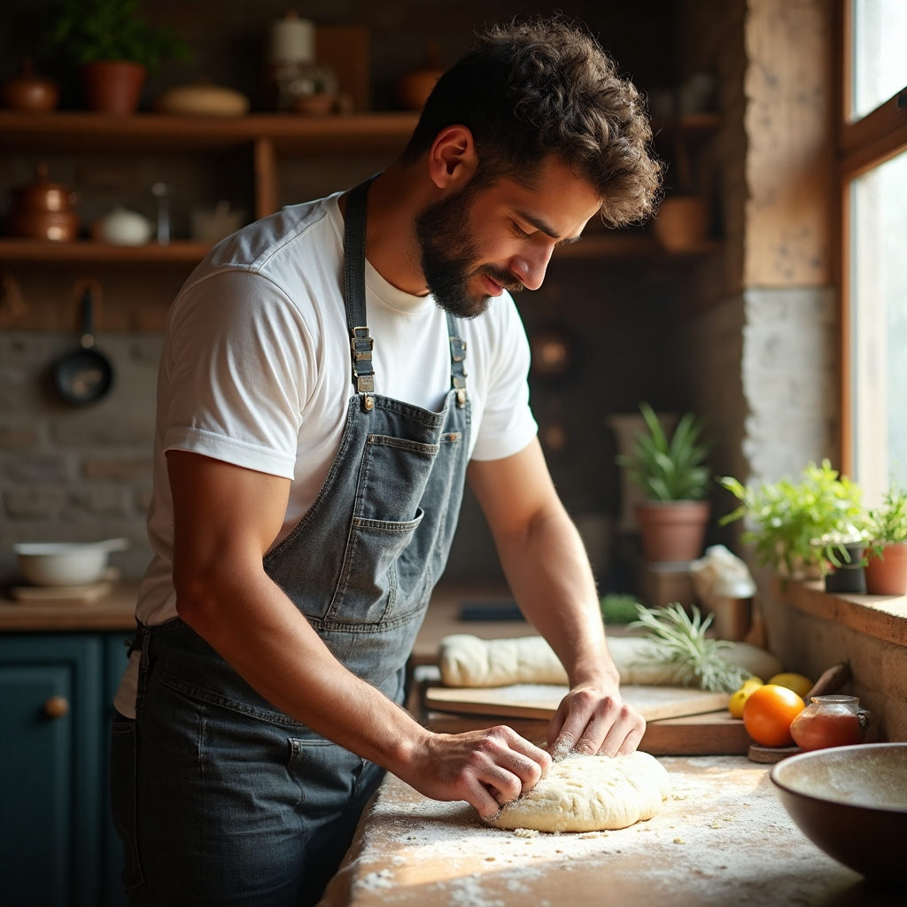 Hobby-Inspired Lifestyle photo of a man expertly kneading dough in a rustic kitchen, capturing the essence of culinary passion. He wears a simple, slightly flour-dusted apron over a plain white t-shirt, sleeves rolled up to reveal toned arms, with comfortable dark jeans that show natural creasing. The man's posture is focused yet relaxed, hands rhythmically working the dough, with a contented expression on his face, lips slightly parted in concentration, eyes following the movement of his hands. The kitchen background is rich with wooden textures, copper pots hanging from hooks, and an array of fresh ingredients scattered across the countertop. Sunlight streams through a nearby window, casting soft highlights and shadows that dance across the scene, creating a warm and inviting atmosphere. The composition invites viewers into a world of culinary creativity and homey comfort, with a photorealistic quality that captures the joy of cooking.