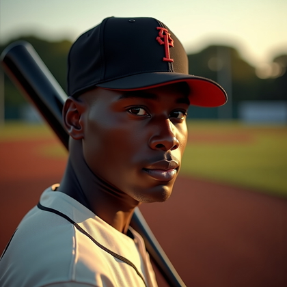 AI-generated photo: Photorealistic sports portrait photo framed chest-up at the on-deck circle, cap brim casting a drama...
