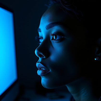 AI-generated photo: Photorealistic beauty portrait photograph, mid-close-up in front of a bright computer monitor in a d...