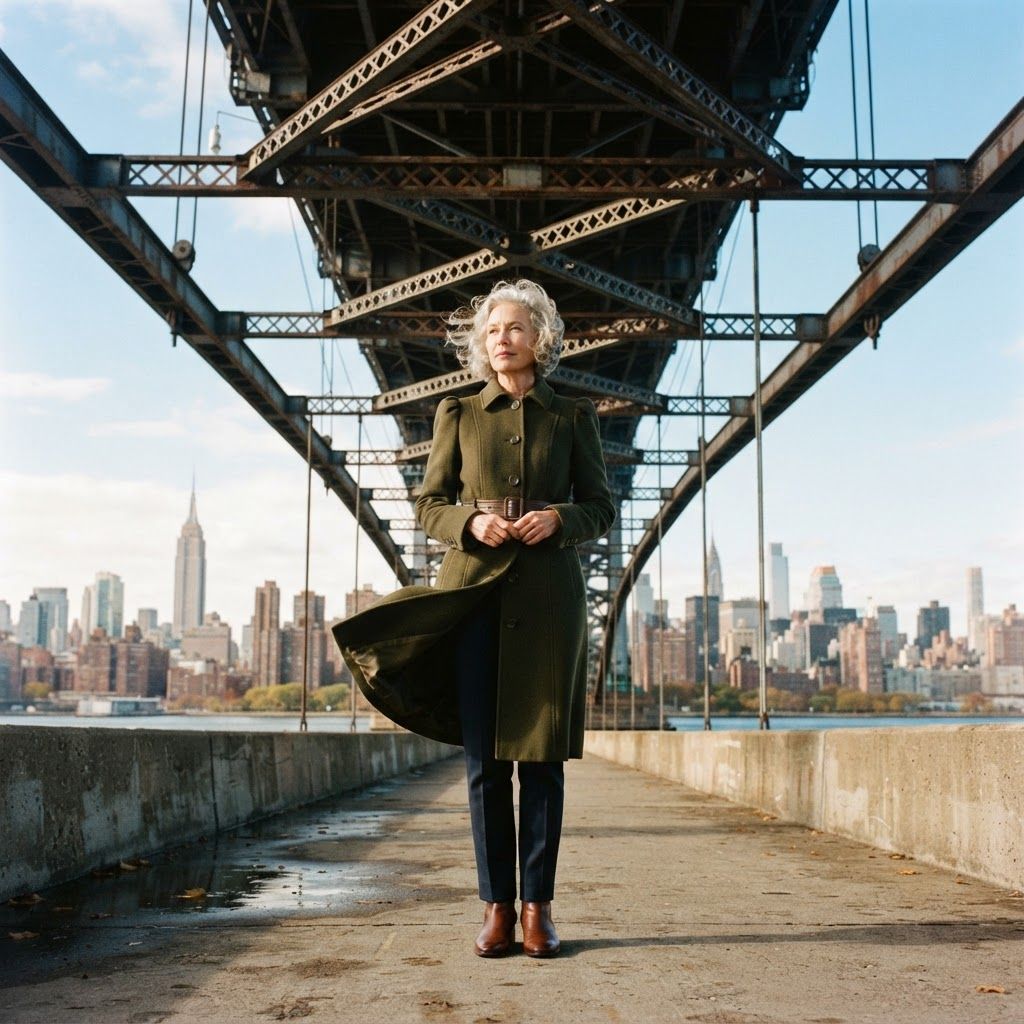Sculptural Coat on a Windy Bridge: Low-angle full-length portrait beneath the repeating beams of an urban truss bridge, with the skyline visible beyond.