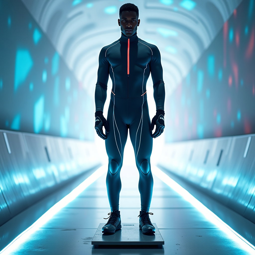 AI-generated photo: Photorealistic high-fashion winter sports photography, low-angle shot in an indoor start tunnel wher...