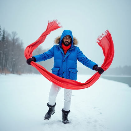 AI-generated photo: Photorealistic lifestyle fashion photo: on a frozen lakeshore during thick snowfall, the subject twi...