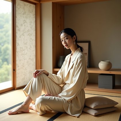 AI-generated photo: Photorealistic fashion portrait photography. A refined indoor portrait is staged in a minimalist tat...