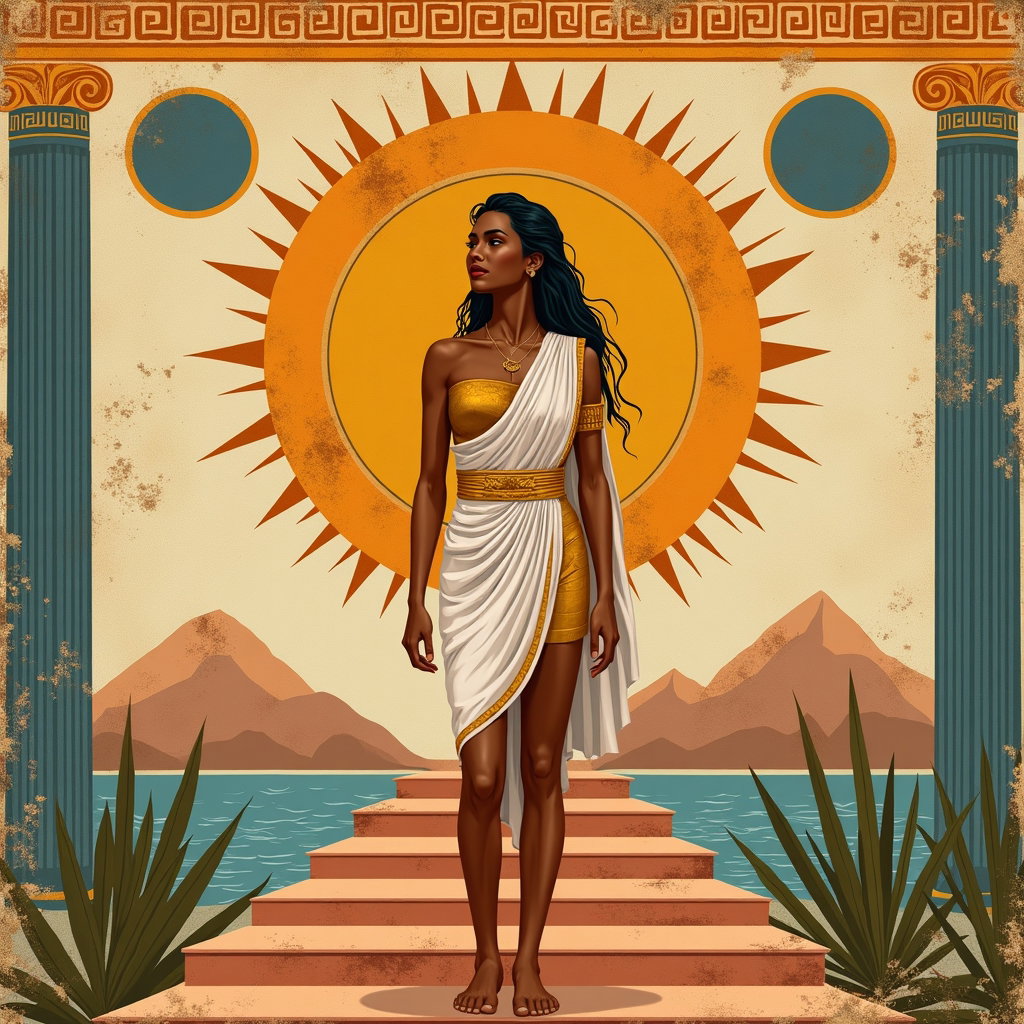 Solo Full-Body Temple Steps Hero Stance example: Mythological fresco-inspired portrait illustration. A creative solo hero stands full-body on stylized temple steps in a