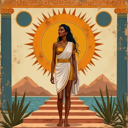 Solo Full-Body Temple Steps Hero Stance example: Mythological fresco-inspired portrait illustration. A creative solo hero stands full-body on stylized temple steps in a