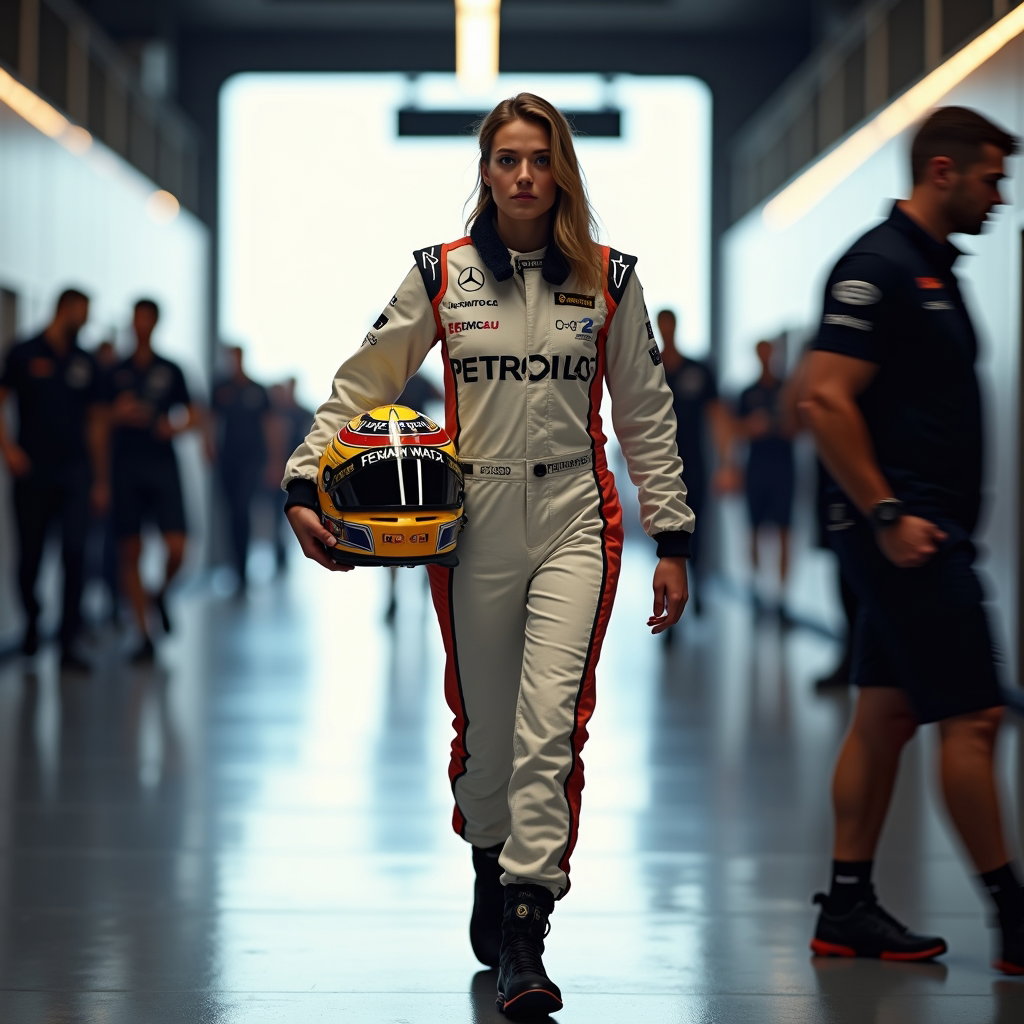 Post-Session Helmet-in-Hand Portrait example: Photorealistic motorsport portrait photography. Motion-style paddock portrait of the driver walking through a team corri