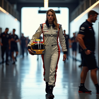 Post-Session Helmet-in-Hand Portrait example: Photorealistic motorsport portrait photography. Motion-style paddock portrait of the driver walking through a team corri
