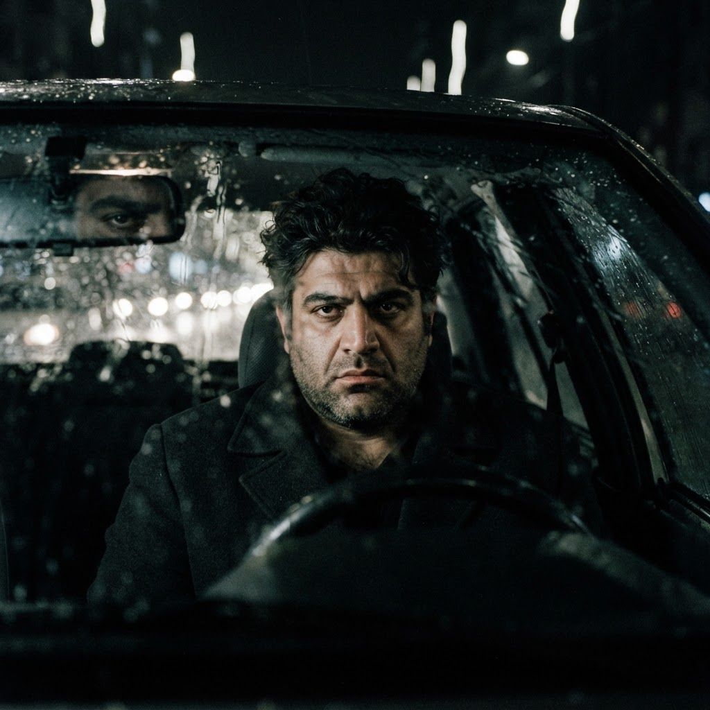 Car Window Reflection: Intense close portrait seen through a rain-streaked windshield, the subject seated in a parked car and looking straight out from shadow.