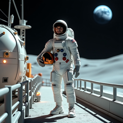 AI-generated photo: Photorealistic sci-fi portrait photography. A lunar explorer stands on an elevated platform beside m...