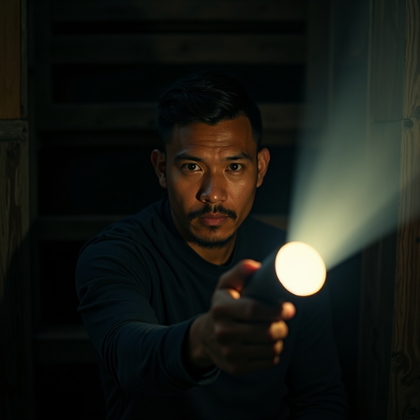 Flashlight-in-the-Dark Cabin Survivor example: Cinematic horror profile photo. A clean avatar-style crop of the subject from the shoulders up, holding a flashlight nea