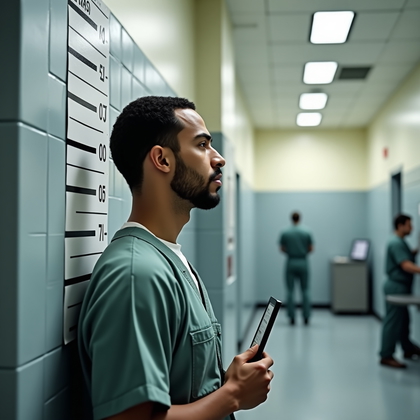 AI-generated photo: Photorealistic intake photography capturing a side-profile shot in a busy but controlled booking are...