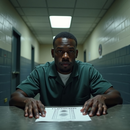 AI-generated photo: Photorealistic prison close-up portrait showing the person seated in a stark intake processing room,...