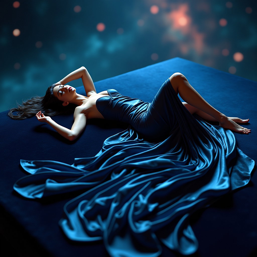 AI-generated photo: Photorealistic high-end editorial fashion photography, a figure reclining on a slightly elevated, da...