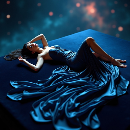 AI-generated photo: Photorealistic high-end editorial fashion photography, a figure reclining on a slightly elevated, da...