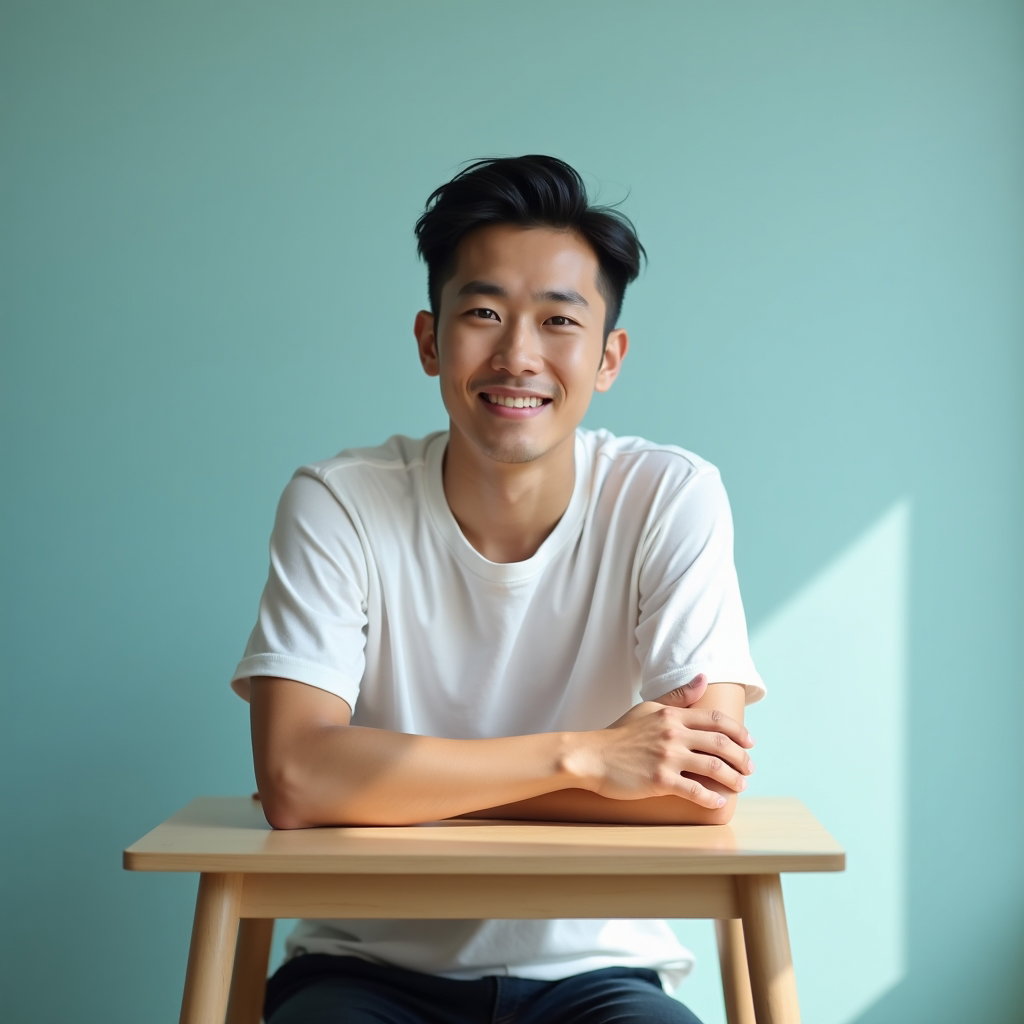 AI-generated photo: Photorealistic studio portrait. The subject sits at a small posing table, forearms resting lightly o...