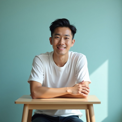 AI-generated photo: Photorealistic studio portrait. The subject sits at a small posing table, forearms resting lightly o...